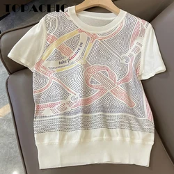 3.17 TOPACHIC Women High Quality Simple All-matches O-Neck Tee Fashion Silk Print Spliced Short Sleeve T-Shirt