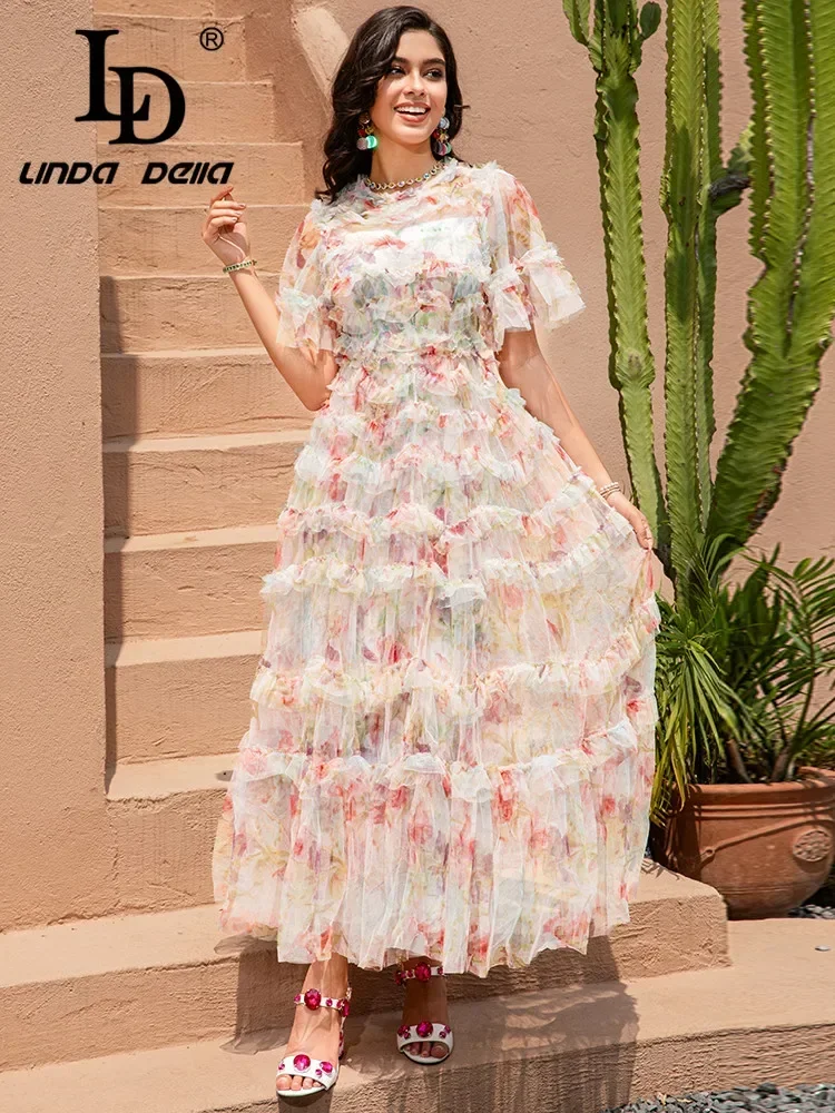 LD LINDA DELLA Fashion Designer Summer Dress Women's Short sleeve Ruffles Floral print Mesh Vacation Long Dress Vestidos
