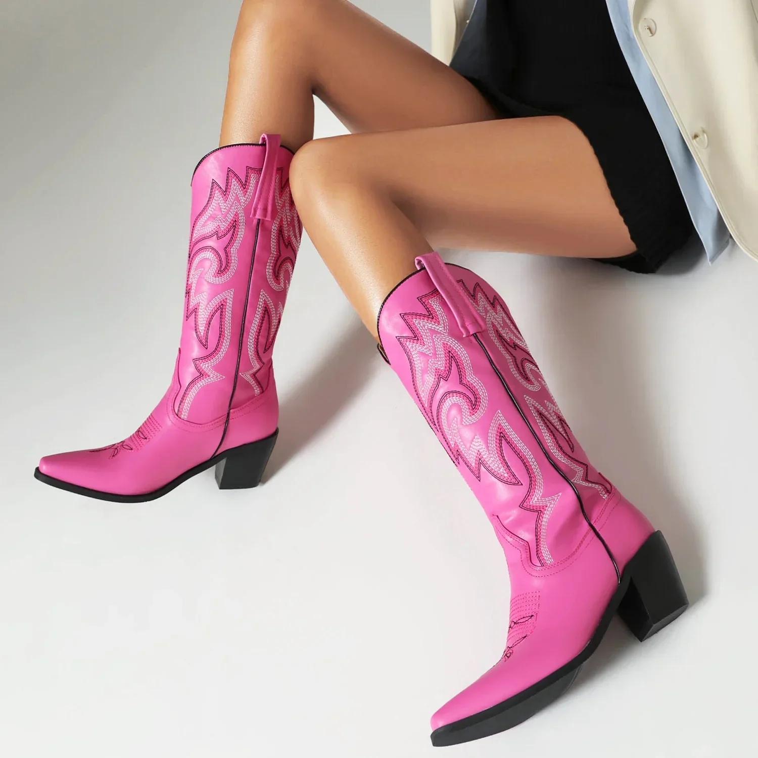 Kobiety Western Cowboy Mid-calf Boots Blue Pink Purple Party Dress Lady Retro Winter Square Toe High Block Heel Cowgirl Half Boots