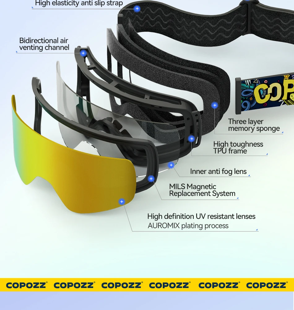COPOZZ Magnetische Kinder-Skibrille für Kinder, UV400, Antibeschlag-Maskenbrille, Mädchen und Jungen, Snowboardbrille mit personalisierten Trägern – Detail 12