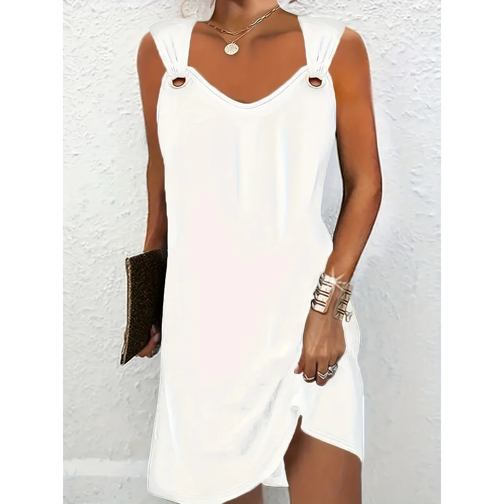 Vestido de talla grande 1XL-5XL para mujer, sin mangas, con cuello en V, detalle de botones de Metal, vestido informal de verano de longitud media amarillo vibrante