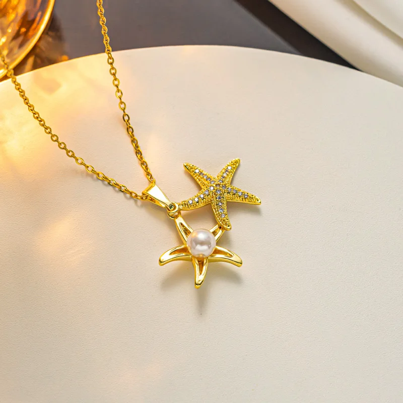 Yupsk Fashion Personalized Shell Starfish Pearl Necklace for Women  Versatile Shiny Zircon Engagement Wedding Party Jewelry image 4