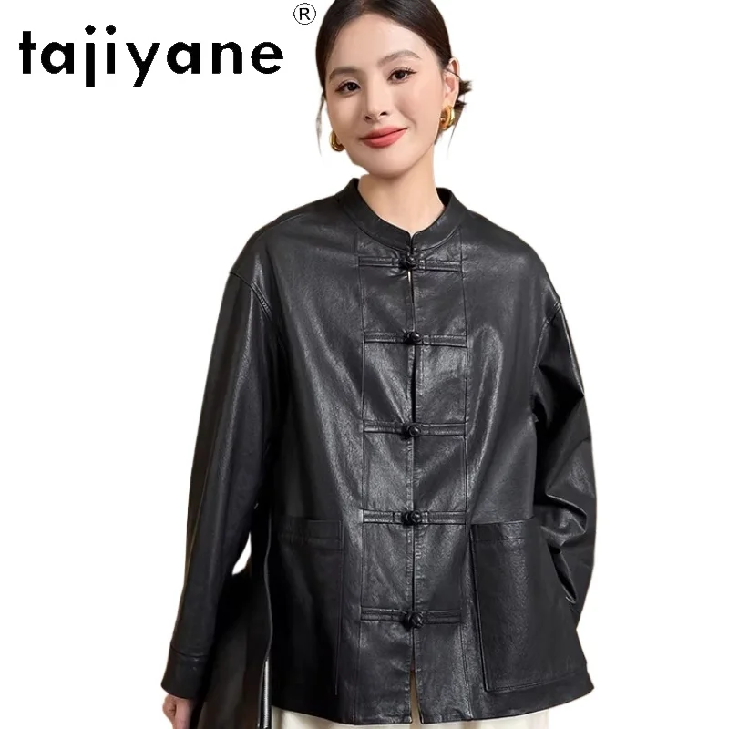 Jaquetas de Pele de Ovelha TAJIYANE, Casaco Estiloso com Botão em Nó, Jaqueta de Couro Genuíno para Mulheres, Roupas Femininas Outono 2025, дубленка женская