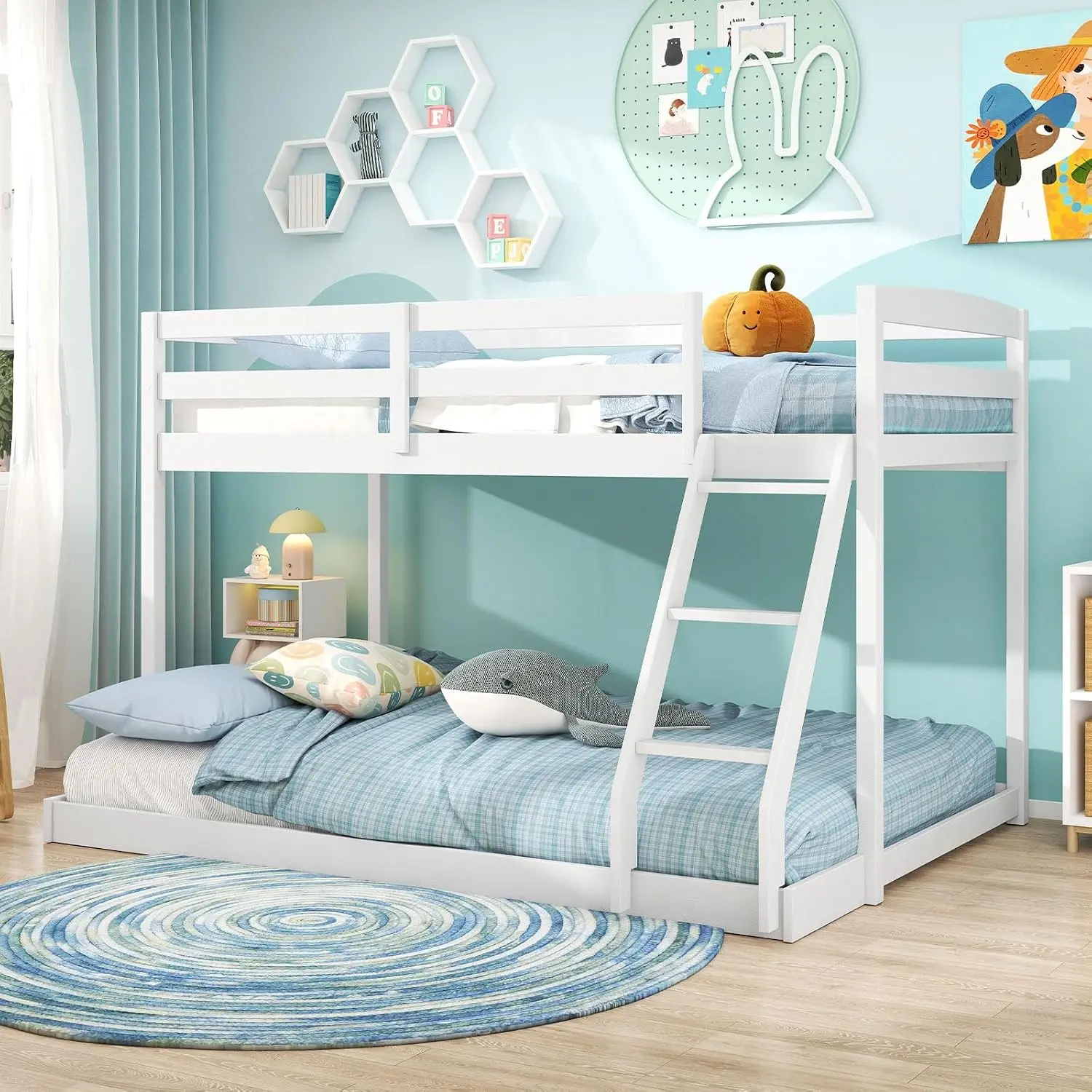 Twin Over Full Bunk Bed, Solid Wood Kids Bunk Bed With Full-Length Guardrails & Ladder, Low Bunk Beds With Slats, Customized