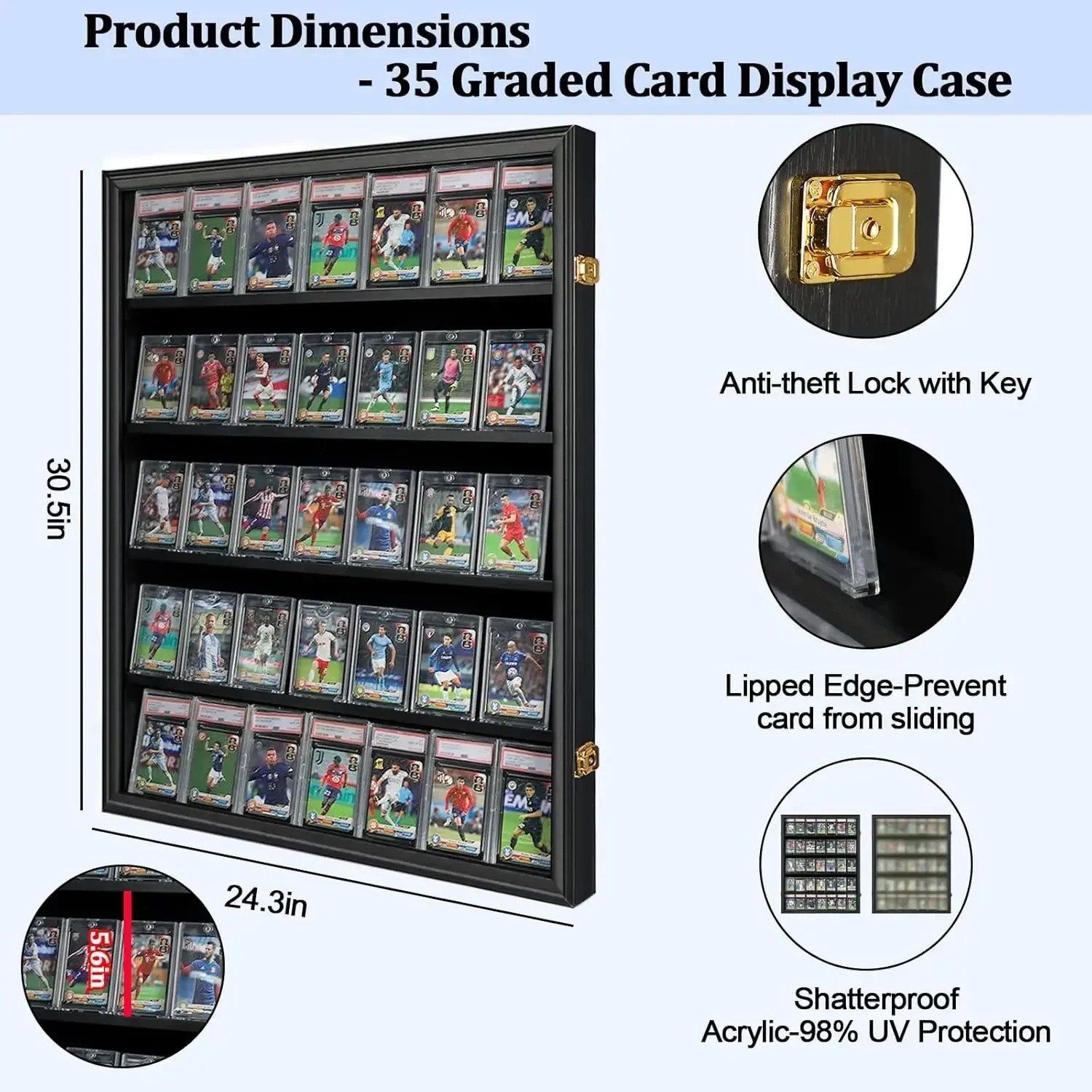 Graded Sports Card Display Case Lockable Wall Cabinet Clear View Black Finish For Basketball Baseball Collectible Trading Card