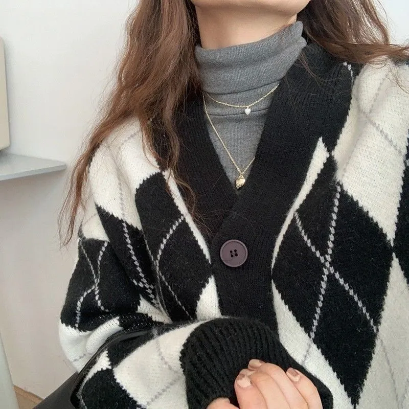 

Women's Diamond Pattern Long Sleeve V-Neck Sweater Coat Loose Fit Open Cardigan Mid-Length Spring 2026 New Lazy College Style