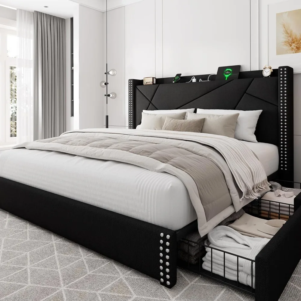 إطار سرير iPormis بحجم كينج مع 4 أدراج تخزين، وسرير منجد مع محطة شحن، ودعم شرائح خشبية صلبة،