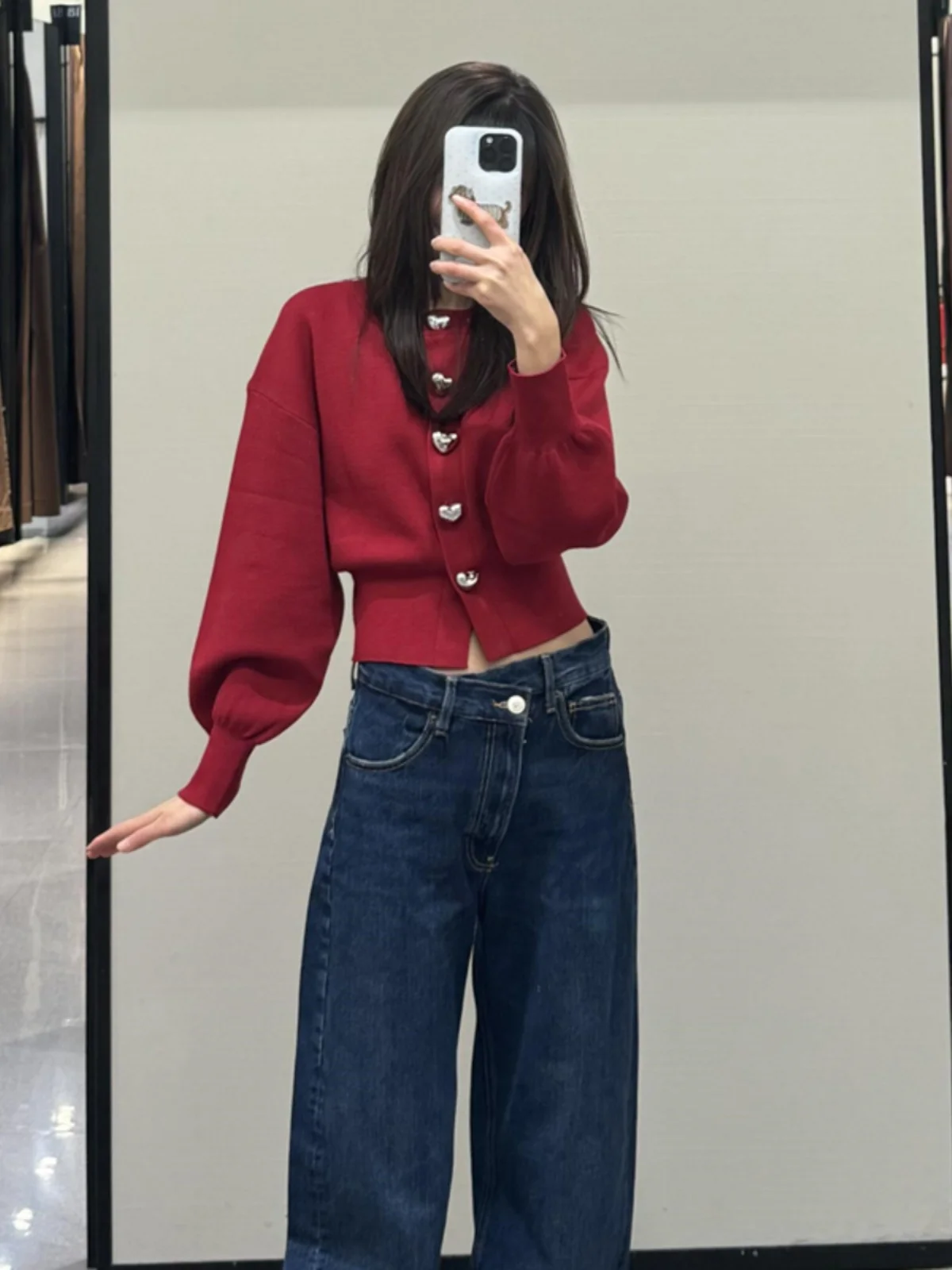 

2025 New Red Heart round Ne ort Lantern Sve Knitted Open Cardigan Sweater Women Spring Autumn Sweet Sle Loose Fit