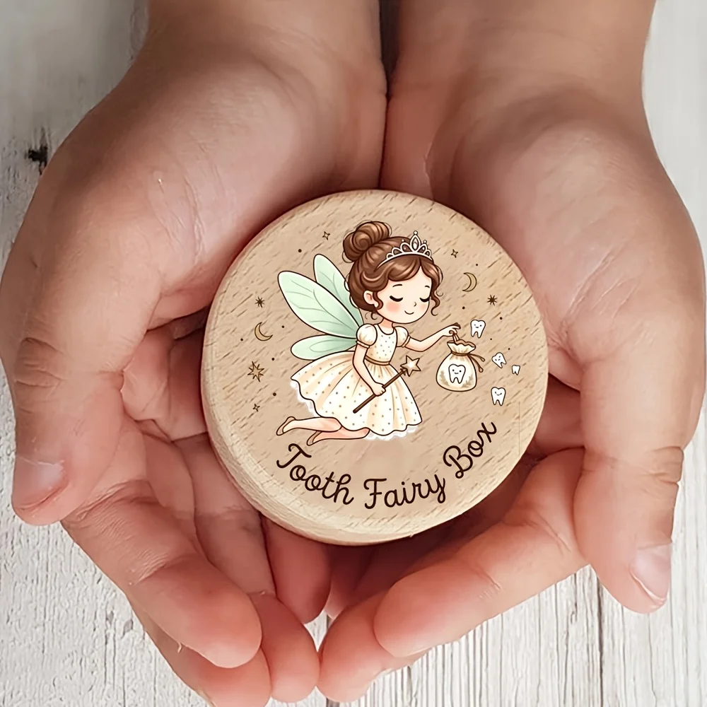 2D Wooden Tooth Fairy Box Preserving Umbilical Cords Birth Souvenirs Fetal Hair Teeth Hospital Straps Portable Storage 1PCS