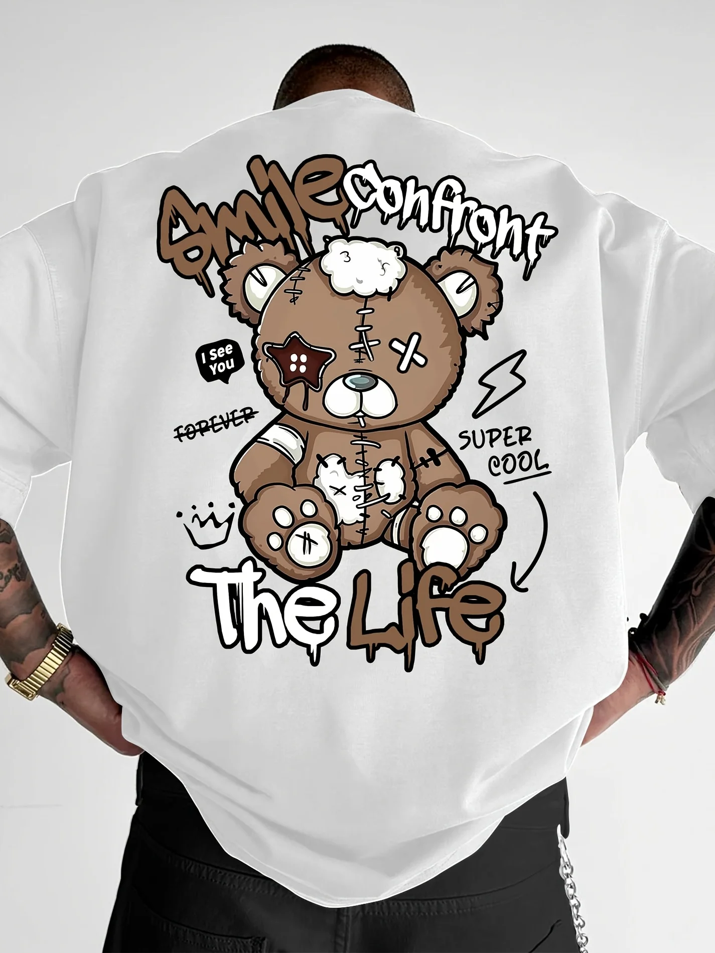 Novedad de verano, camiseta de cuello redondo cómoda y transpirable con estampado de letras de oso de peluche a la moda para hombre, top de calle para exteriores