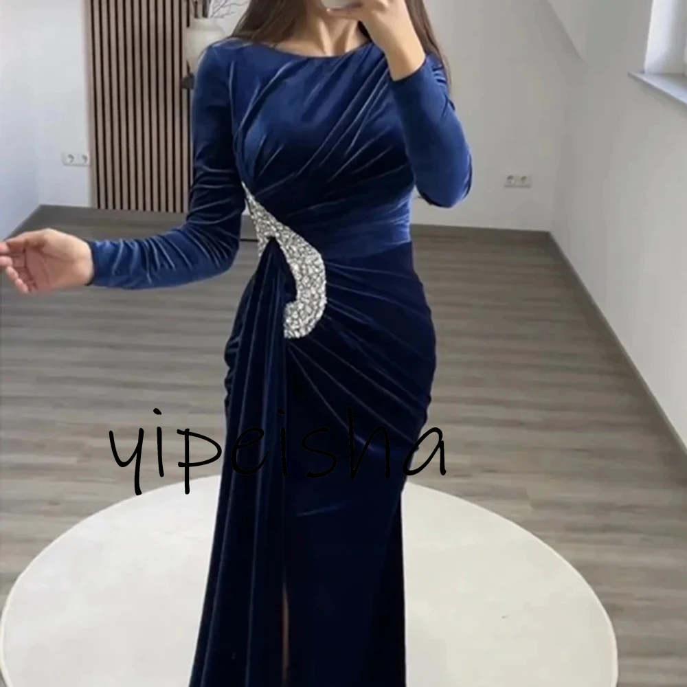 Customized Velour Simple O-Neck Mermaid Evening Dress Beading Long Sleeves Wedding Party Gown Celebrity Prom Gown Plus Size