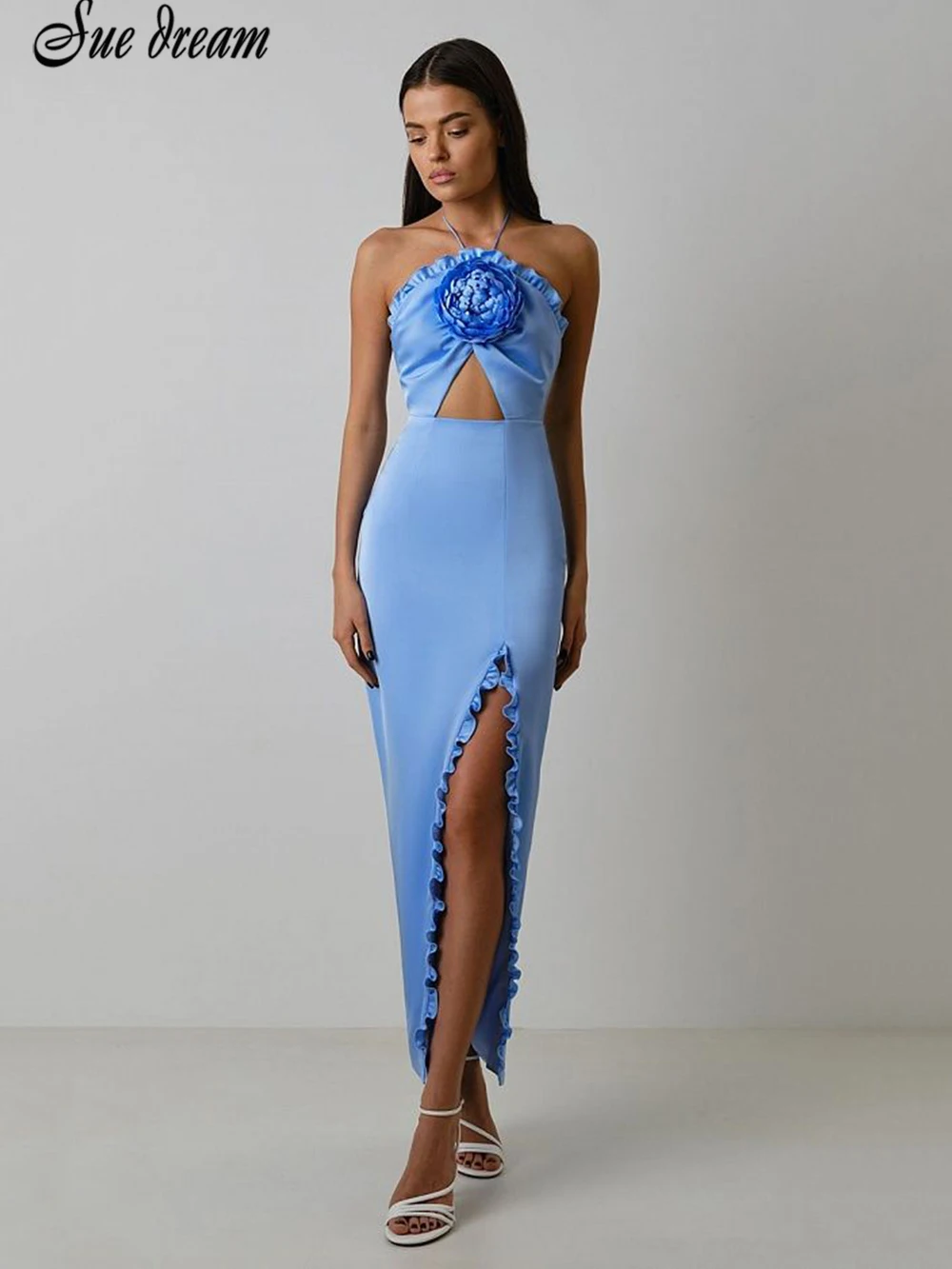 

Sexy Women's Neck Halter Backless 3D Flower Hollow High Split Ruffle Bandage Long Dress Bodycon Celebrity Party Evening Dress