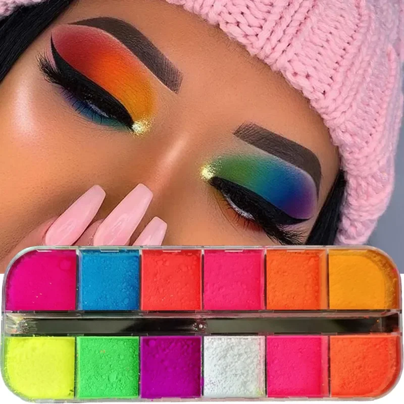 Paleta de sombras de ojos, 12 colores, pigmento fluorescente de neón mate, paleta de maquillaje metálico, brillo, paleta de sombras de ojos, arte de uñas en polvo