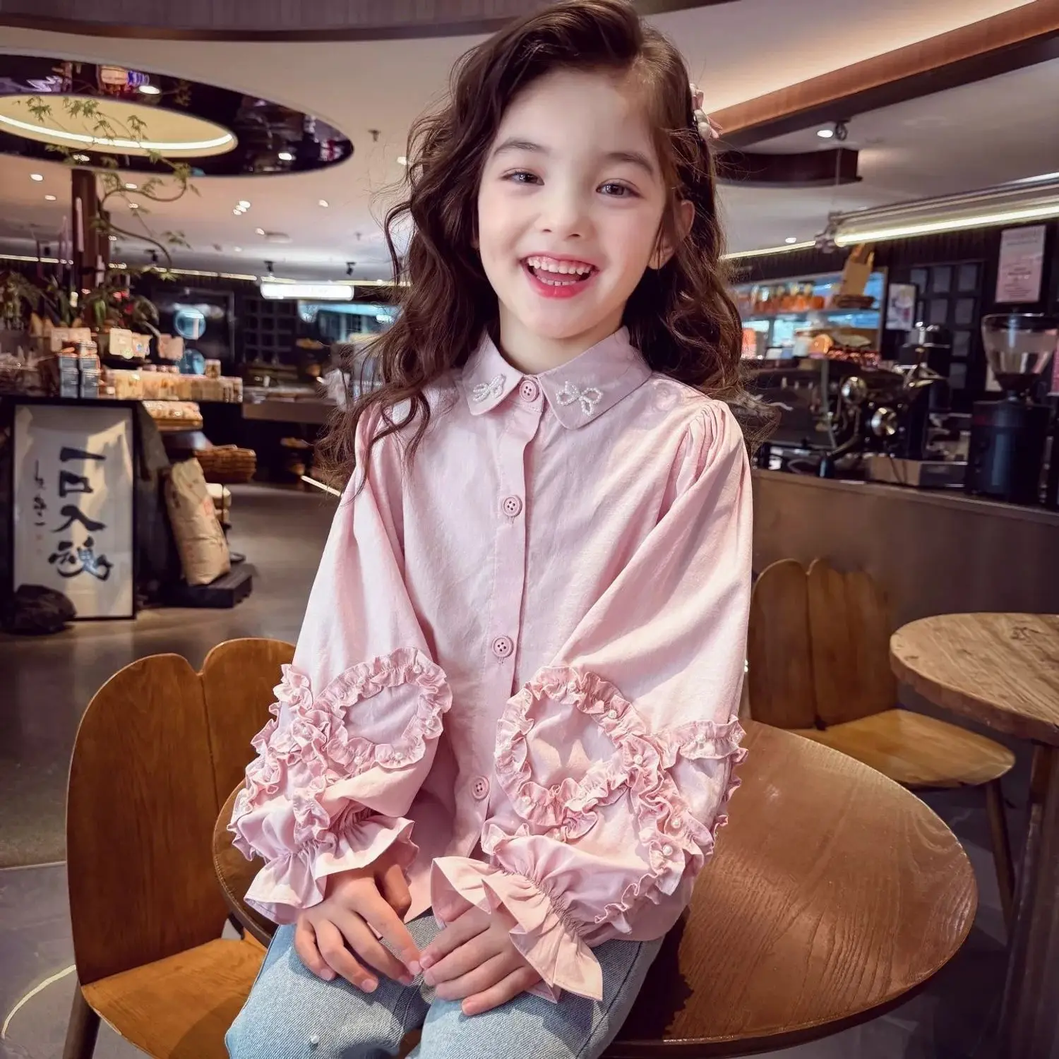 Girls Spring Shirt 2026 New Kids Korean Pearl Bow Lapel Shirt Girl Lantern Sleeve Top New Style