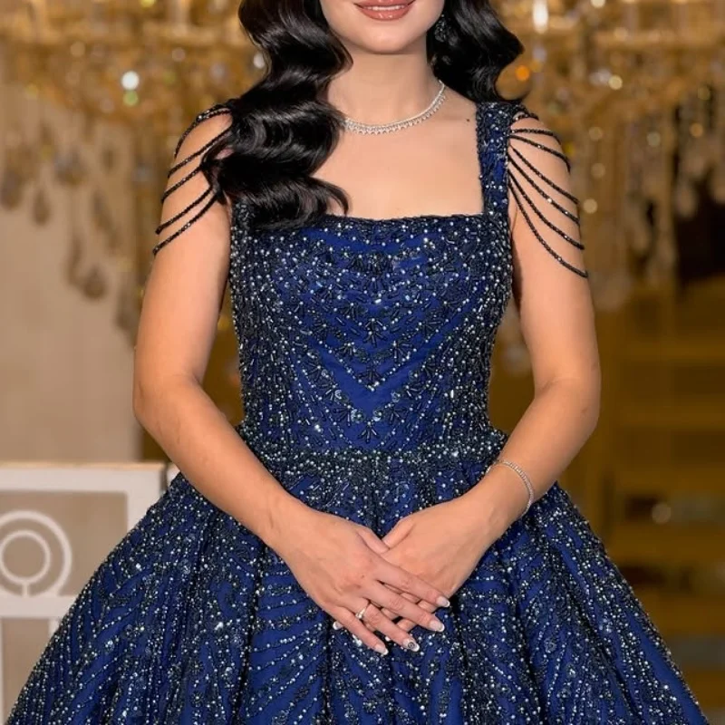 Shiny Dark Blue Quinceanera Dress off-shoulder Glitter Crystal Decal Long tail Beads Vestidos De 15 Quinceanera ﻿Customize