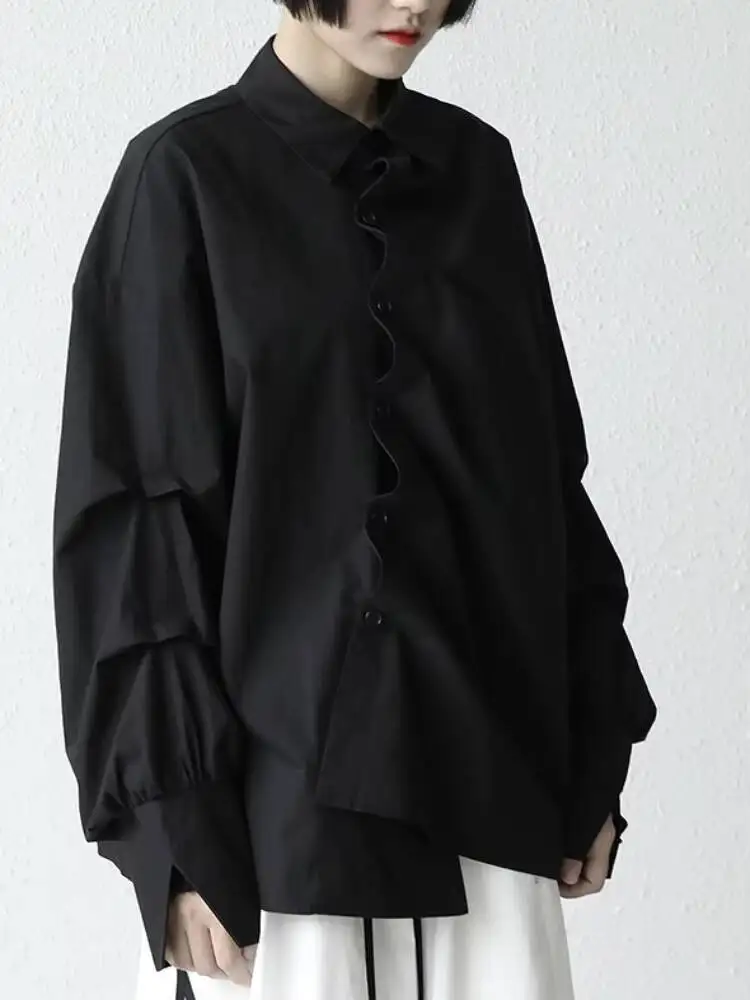 السيدات قميص طويل الأكمام الربيع والخريف جديد غير النظامية شخصية حبل تصميم موضة فضفاضة قميص حجم كبير غير رسمي