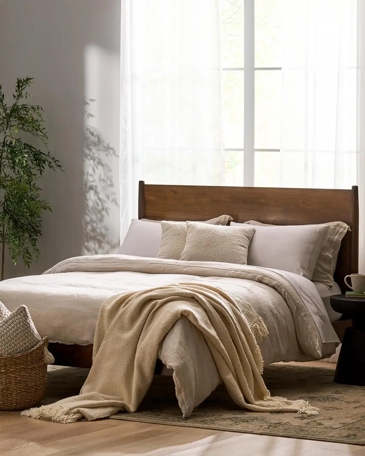 Mid Natural Acacia Wood Bed,Queen, marrom médio, marrom