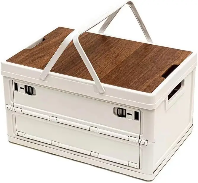 

Wood-grain lid folding storage box—perfect for camping, storing daily necessities, snacks, clothes, etc.and comes with a handle.