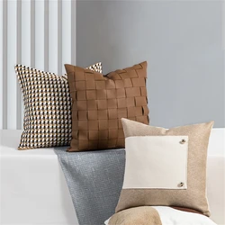 Luxury Geometric Cushion Cover Nordic Woven Pu Leather Pillow Cover Boho Decorative Pillows for Sofa Home Art 45x45cm Pillowcase