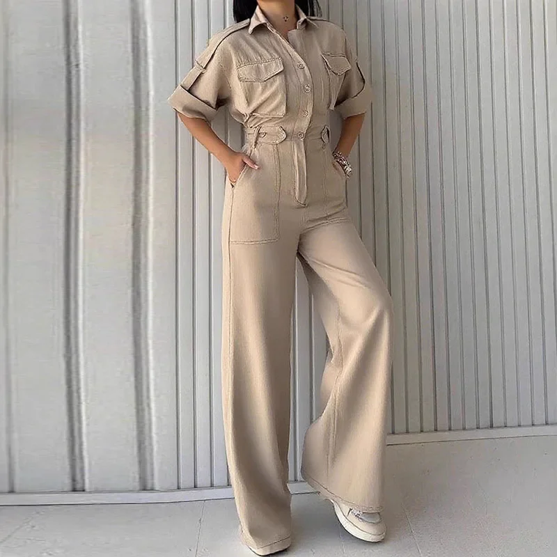 

Elegant Hight Street Waist Romper Fashion Lapel Collar Button Long Jumpsuit Women Casual Half Sleeve Solid Color Party Playsuit