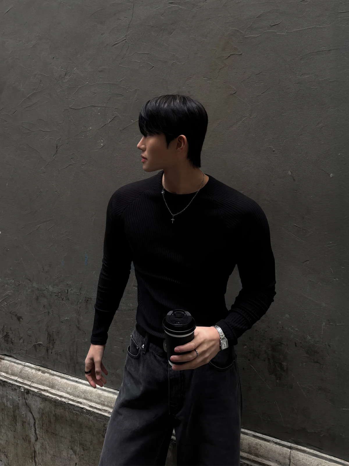 

Davidme Black Simple Knitted Long Sleeve round Neck T-Shirt Men's Fitness Training Base Shirt Spring Summer Breathable Top