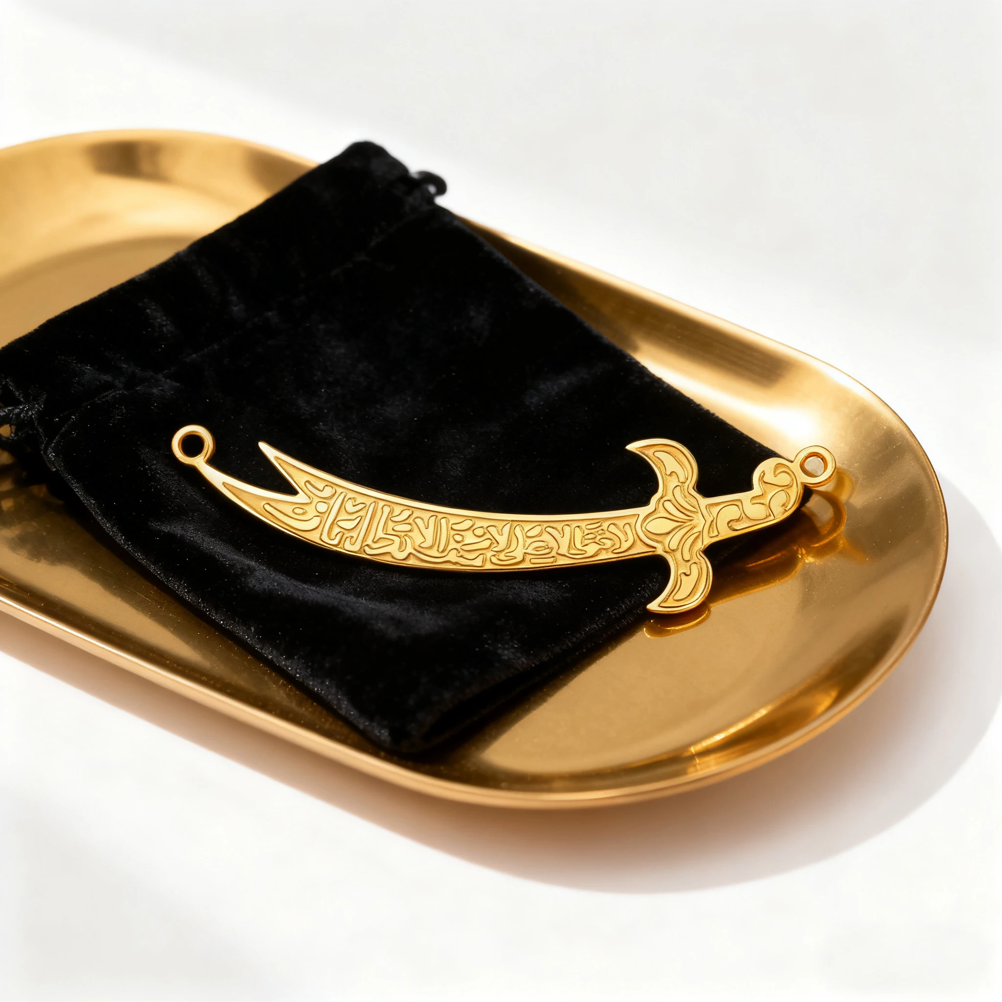 

Gold Plated Double Hole Arabic Sword Pendant Engraved Islamic Scimitar Charm with Arabic Calligraphy for DIY Muslim Necklace