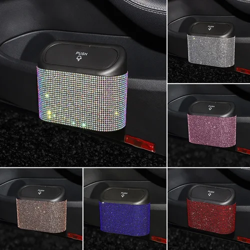 Cubo de basura de cristal de diamante para coche, caja de almacenamiento colgante para basura de vehículo, tipo prensado, accesorios ostentosos para automóvil