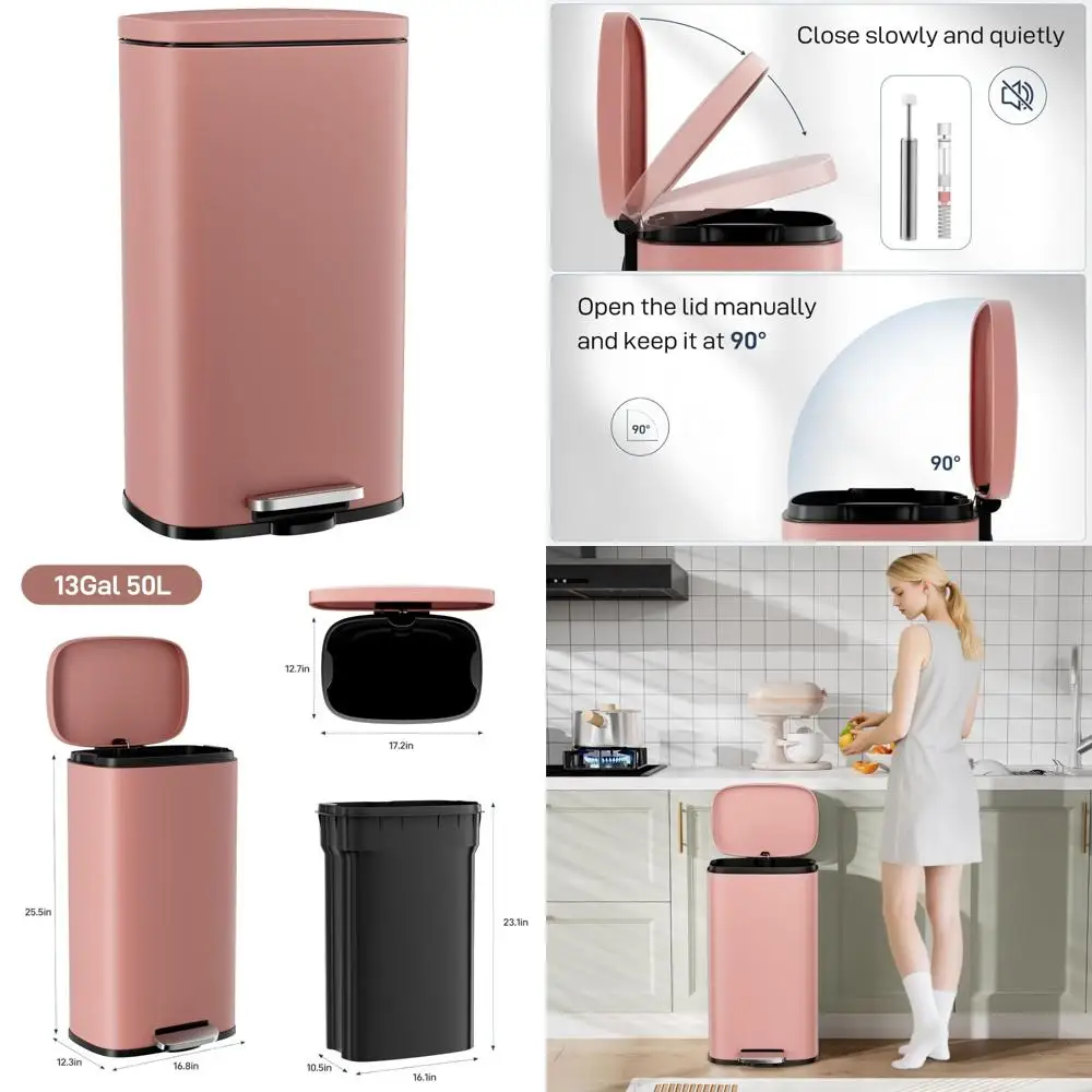 

Stainless Steel 8/13.2 Gallon Step Trash Can with Soft-Close Lid and Removable Plastic Inner Bucket for Easy Cleaning and Waste