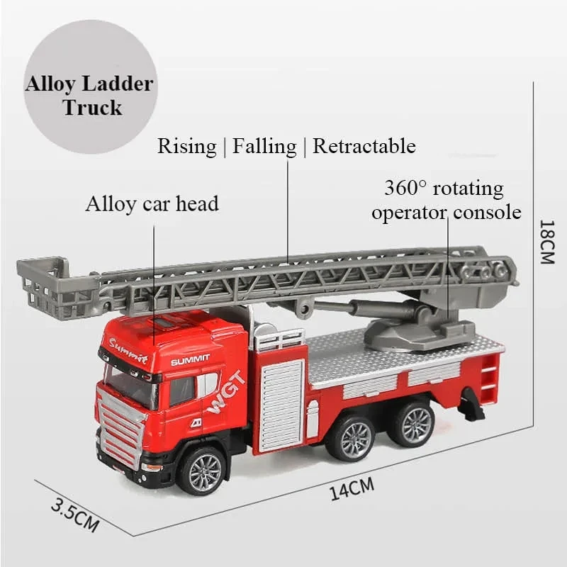 نموذج شاحنة سلم النار ، مدفع المياه ، مركبة السحب الخلفي ، القصور الذاتي ، سيارة معدنية ، البناء ، شاحنات إطفاء المدينة ، الرشاشات ، 1:64