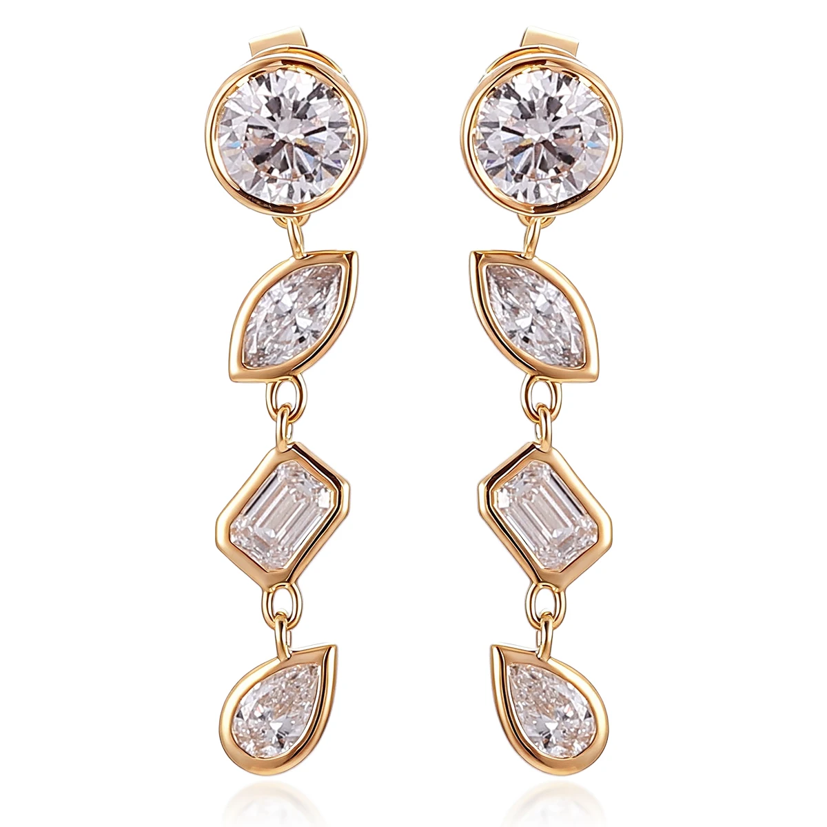 

Серьги-подвески Provence из золота 14 карат с лабораторными бриллиантами различной формы, 2.5 карата общим весом, круглой, маркизной, изумрудной и грушевидной огранки, в оправе, для женщин