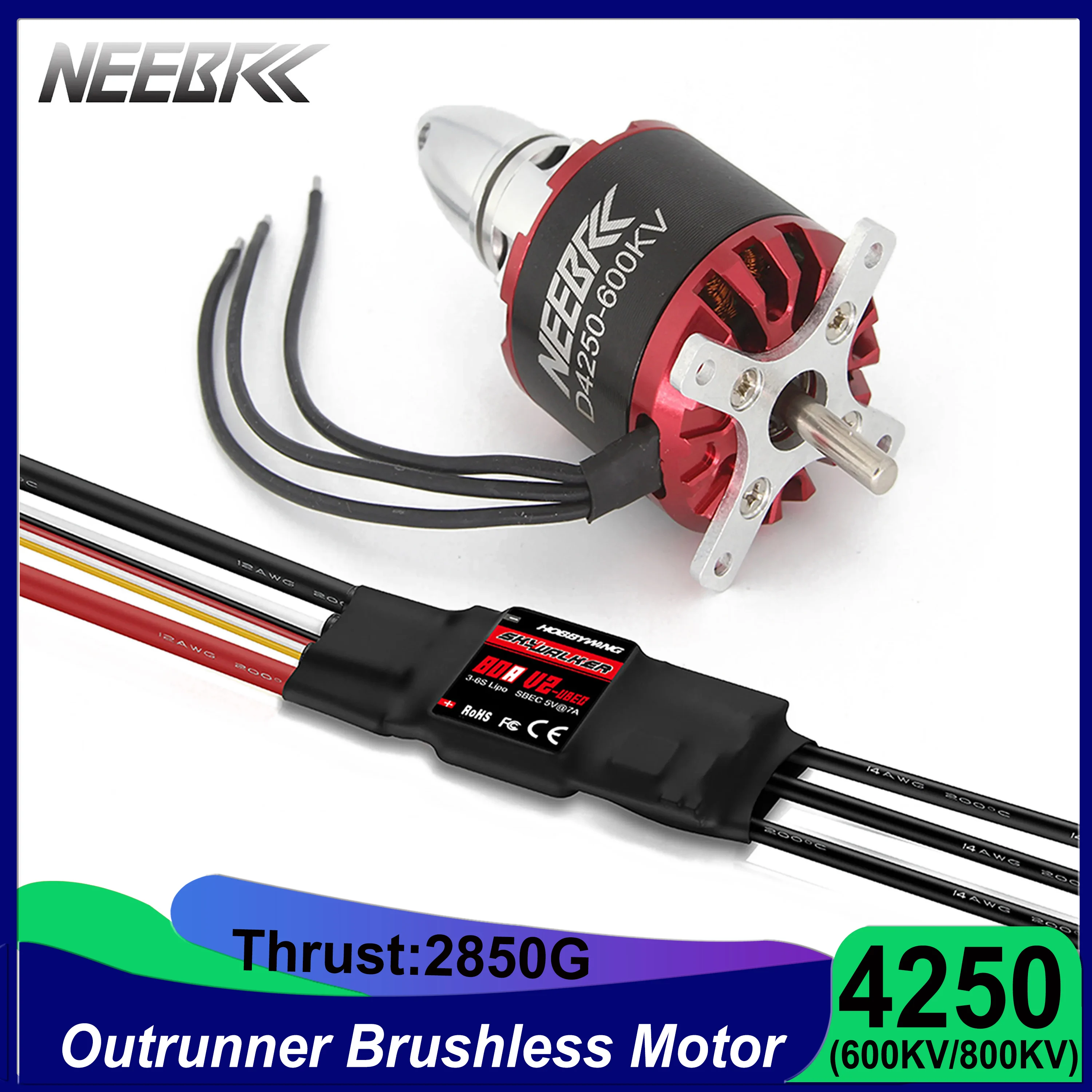 NEEBRC 4250 RC 아웃러너 브러시리스 모터, FPV 고정익 드론 멀티콥터용 속도 컨트롤러, 80A V2 ESC, 600KV 800KV 3-7S