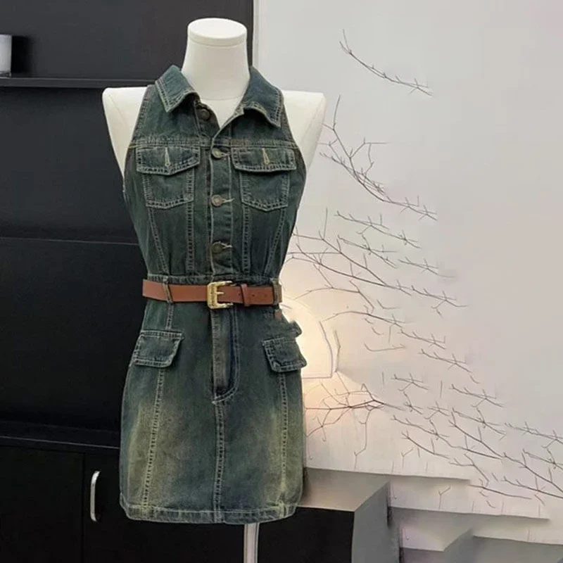 

Retro lapel sleeveless denim vest dress for women 2024 summer new waist cinching and slimming, hip hugging short skirt