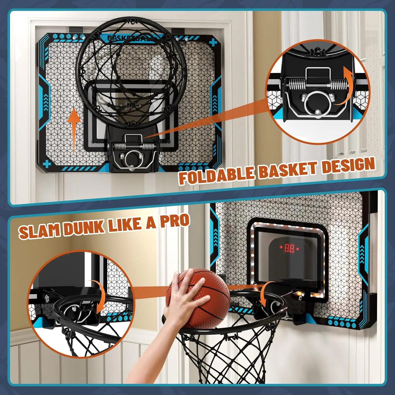 Aro de baloncesto para interiores y exteriores para niños con luz LED, marcador electrónico, tablero deportivo, juego divertido, juguete para regalo para niños y niñas