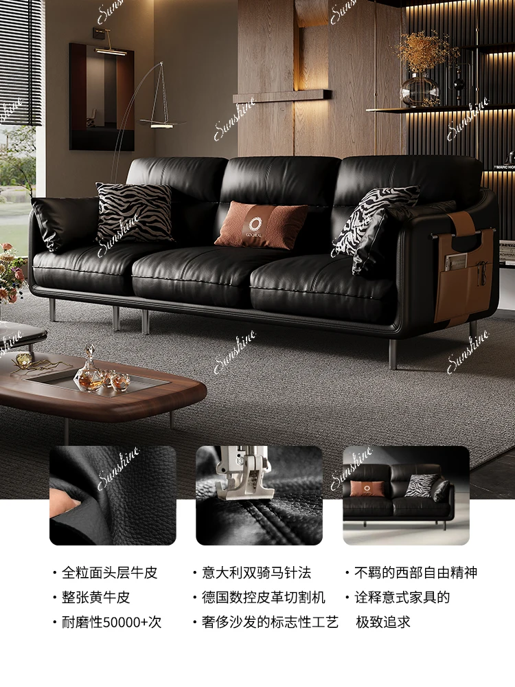 Sofa black French leather, retro style small apartment with high feet straight row