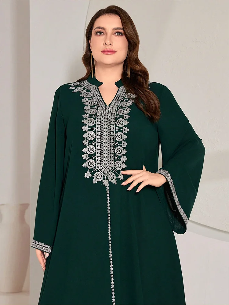 

Dubai Abaya Muslim Women Embroidery Long Sleeve Maxi Dress V-Neck Kaftan Islam Clothing Turkey Eid Ramadan Caftan Marocain Femme