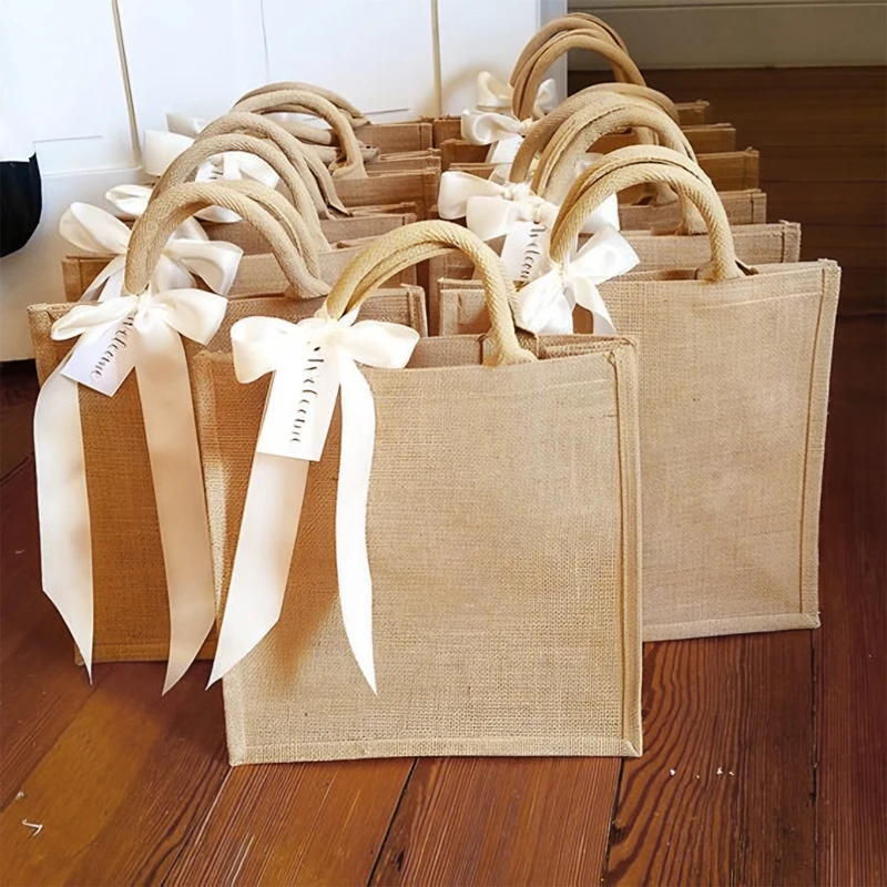 3/6/10PCS Burlap Gift Bags With Handle Reusable DIY Boho Gift Bag Burlap Bridesmaid Tote Bag wedding Bridesmaid Gift Packaging