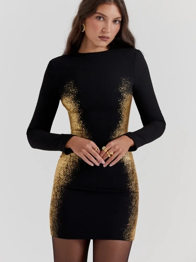 2024 Elegante Gouden Sprankelende Vrouwen Patchwork Mini Jurk Mode O-hals Lange Mouw Bodycon Jurken Nieuwe Lady Party Club Gewaden