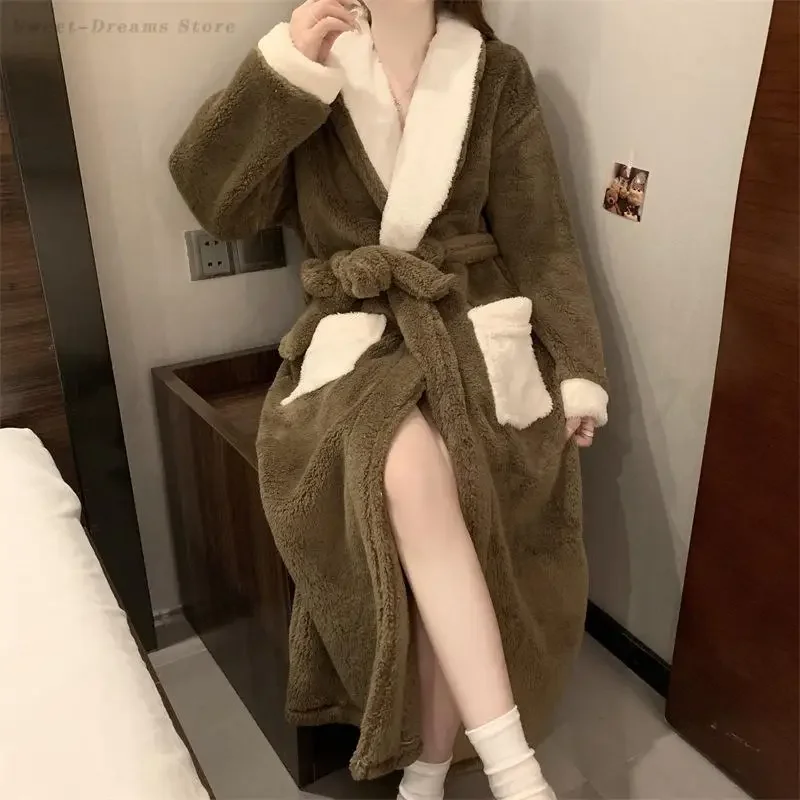 Thicken Warm Nightgown Winter Bathrobe Women's Flannel Robe Sleepwear Home Dress Soft Coral Fleece Nightwear Loose Loungewear