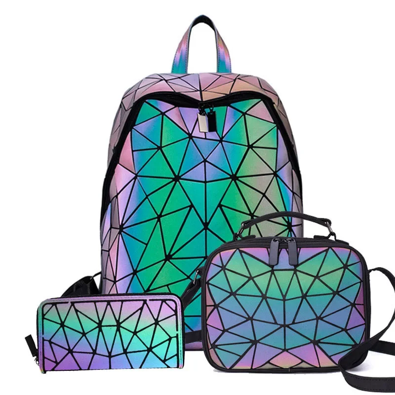 Luminous Backpacks Women Geometric 14inch Laptop Backpack Shoulder  bag Backpack Holographic Rucksack Female Trave School Bag