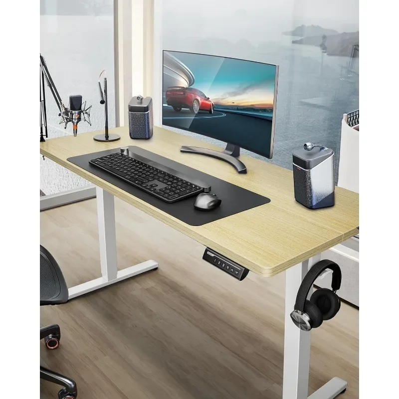 Height Adjustable Electric Standing Desk Sit-Stand Desk Large Memory Computer Home Desk with Two-Piece Desktop Natural Color