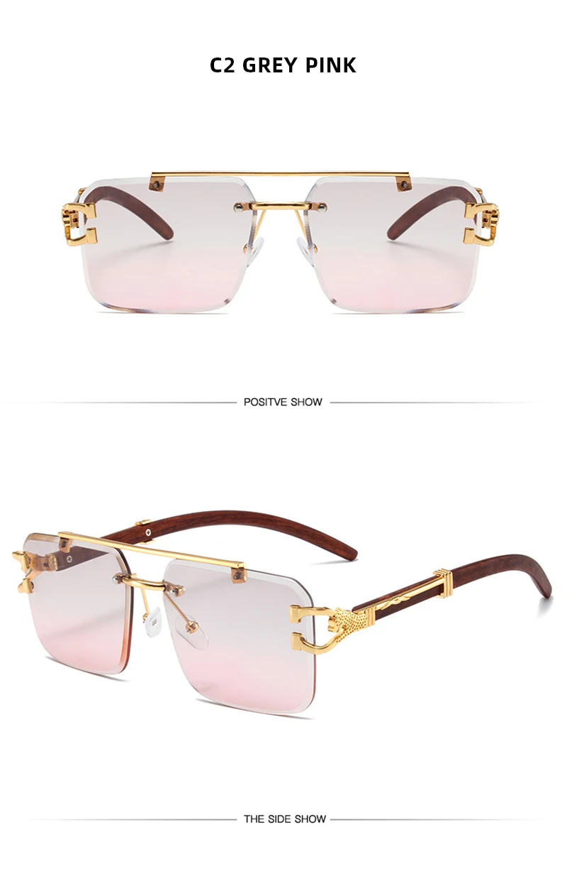 Trend Double Beam Große Sonnenbrille Männer Frauen Randlose Schnittkante Quadratische Sonnenbrille Mode Leopard Holzmaserung Shades – Detail 10