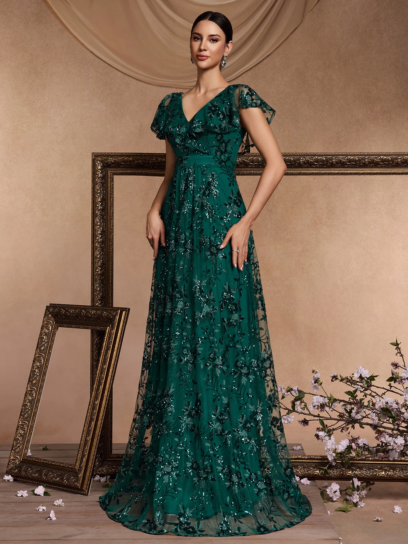 XUIBOLB Luxuriöses bodenlanges Abendkleid mit V-Ausschnitt, lang, 2024, Damen, elegantes Partykleid, Pailletten, kurze Ärmel, Abschlussball-Cocktailkleid