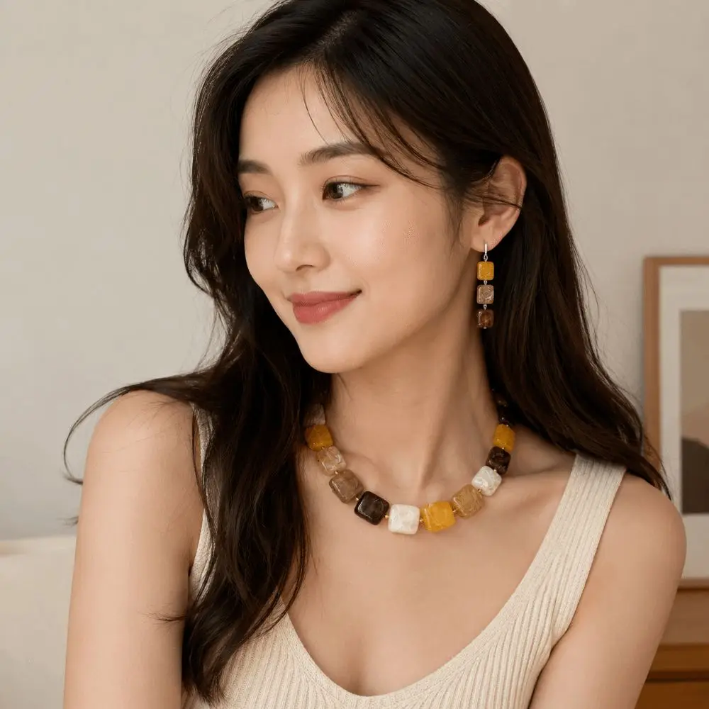 Retro Square Shape Earrings Set Amber Color Beaded Stud Earrings Resin Neck Chain Jewelry Gift