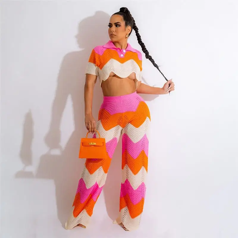 2026 SPRING AUTUMN NEW WOMEN'S FASHION POLO KNIT SHORT SLEEVE TOP & HIGH WAIST LONG PANTS TWO PIECE SET, WAVE COLOR BLOCK OUTFIT