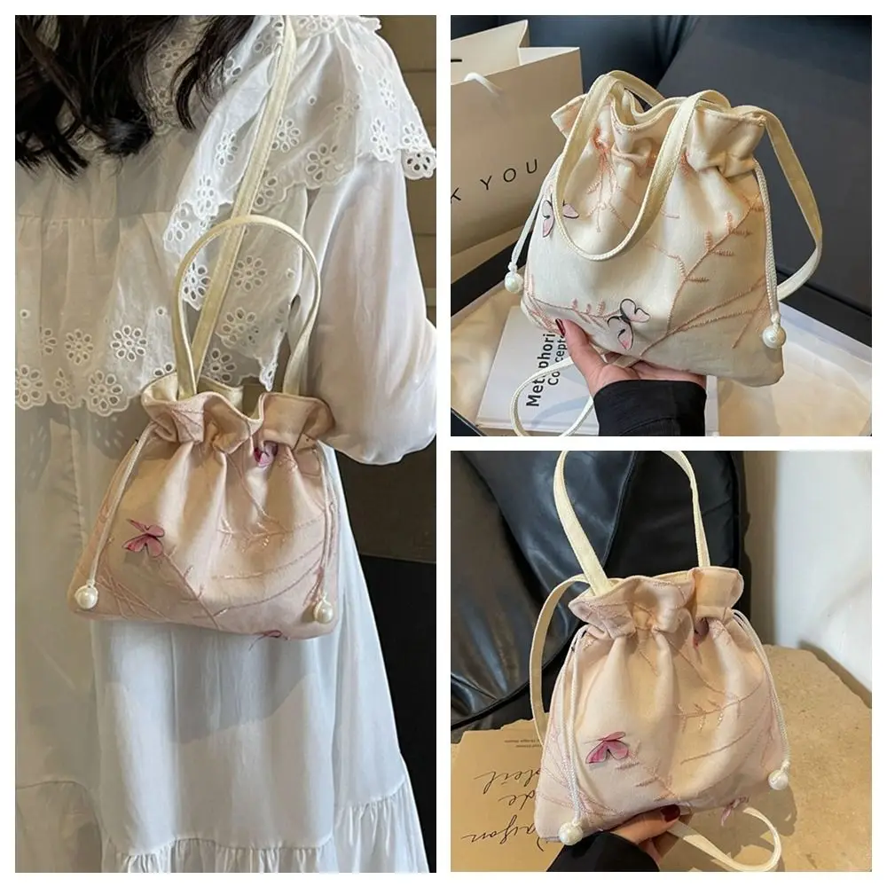 

Elegant Ethnic Style Drawstring Bag Shoulder Bag Chinese Canvas Bucket Bag Crossbody Bag Storage Bag Embroidery Handbag Daily