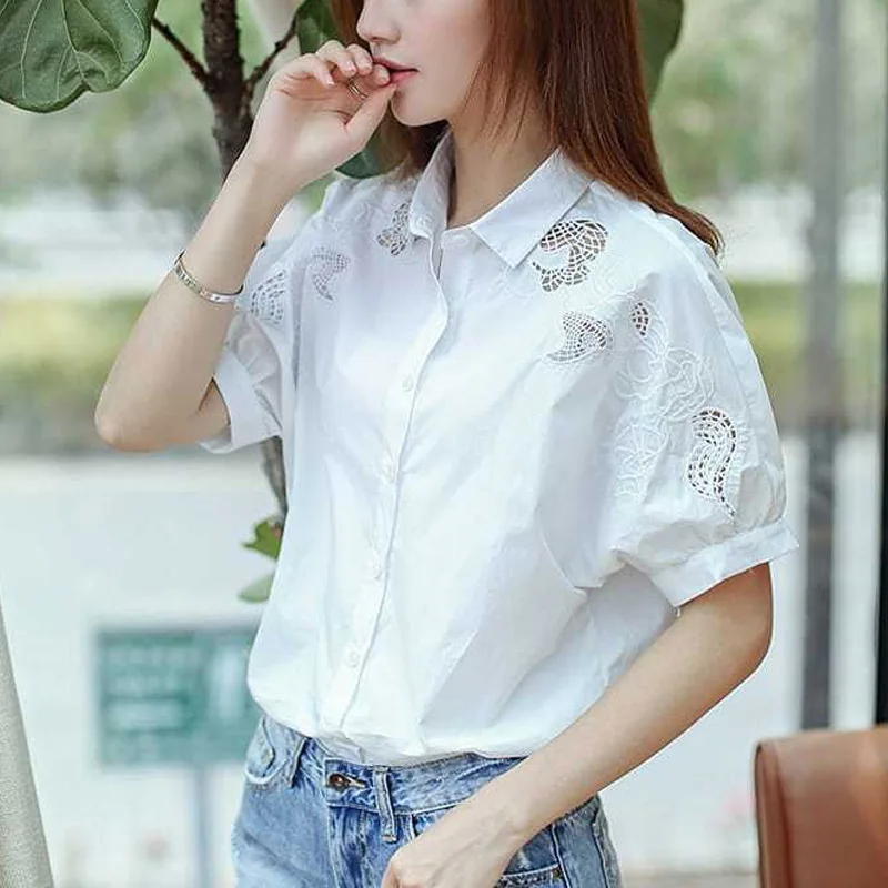 White Embroidered Hollow Out Blouse Women New Short Sleeve Polo Collar Office Single-breasted Lady All-match Chiffon Shirt