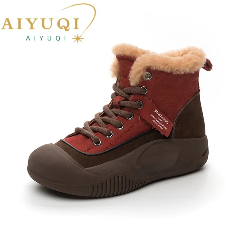 AIYUQI Women's Winter Boots 2024 New Genuine Leather Women's Sneakers Boots Fur Lace-Up Lamb Wool Snow Boots Women