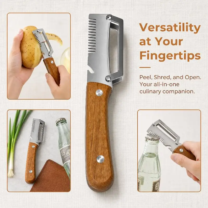 3 In 1 Multifunctional Stainless Steel Serrated Vegetable Peeler Wooden Handle Slicer Bottle Opener Kitchen Gadget