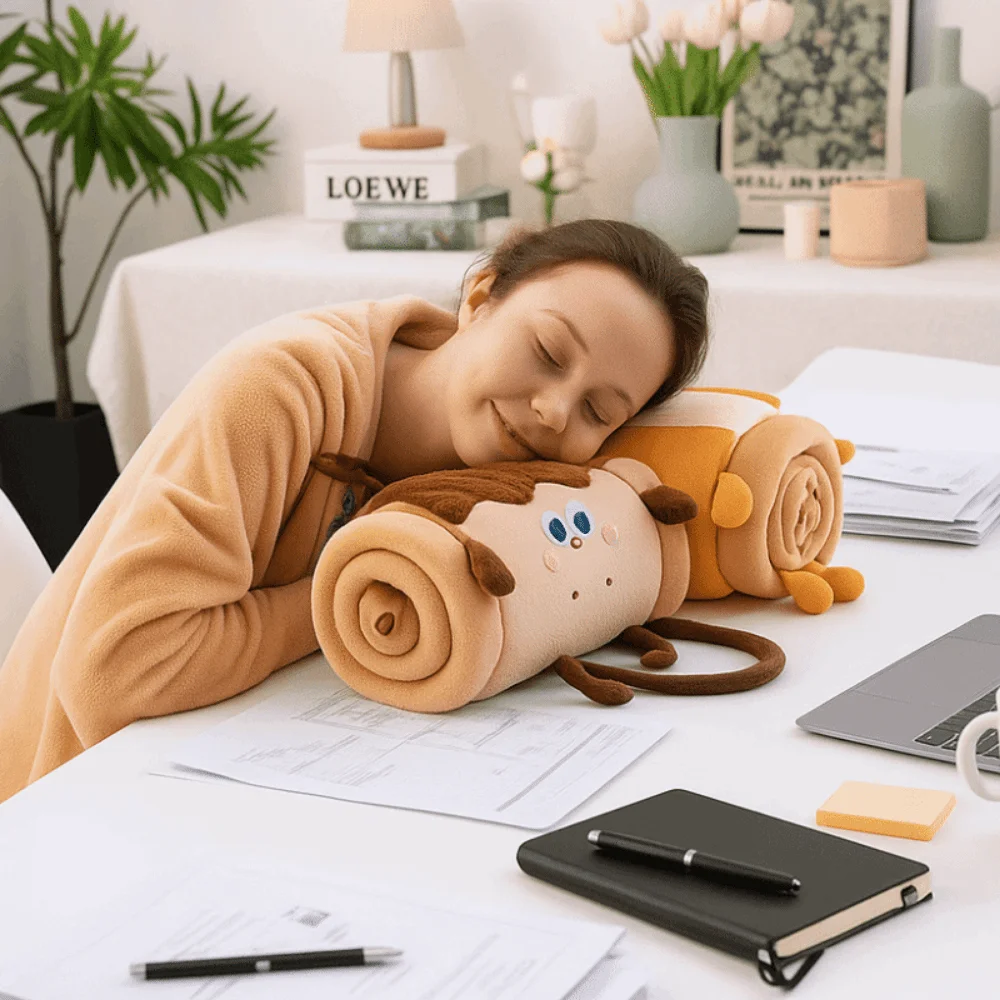 

Cozy 2 in 1 Foldable Roll Blanket Cartoon Plush Air Conditioning Blanket Warm Handheld Nap blanket Travel