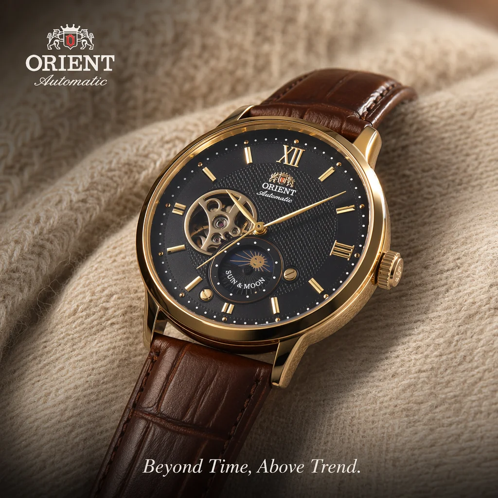 Orient Skeleton Moon Phase Men Automatic Watch Roman Numerals Leather Strap Waterproof Dress Wristwatch